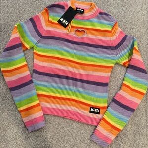 Minga Rainbow Striped Heart Cutout Ribbed Sweater
